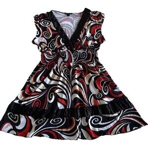 Vtg Y2K Fang Top Womens M Geometric Babydoll V Neck Smocked Ruffle Satin Retro